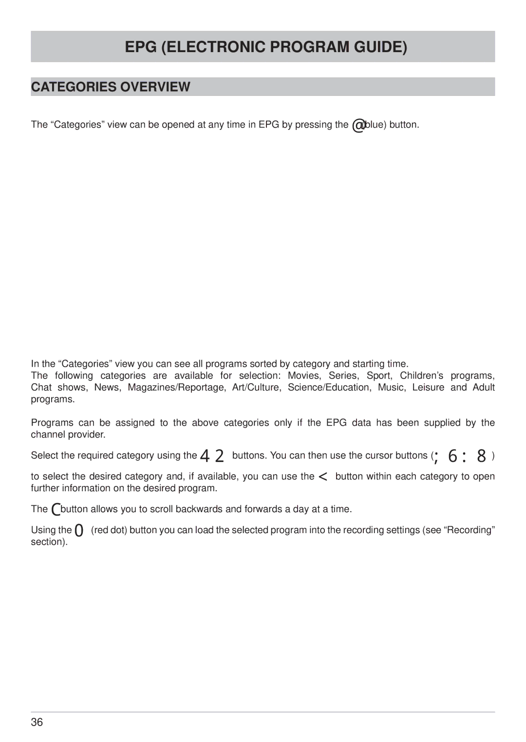 Kathrein UFS 790sw, UFS 790si manual Categories Overview 