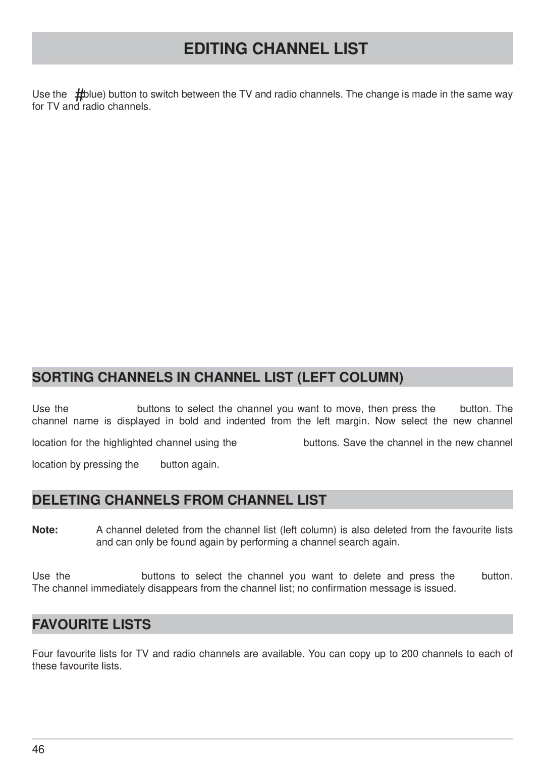 Kathrein UFS 790sw Editing Channel List, Sorting Channels in Channel List Left Column, Deleting Channels from Channel List 