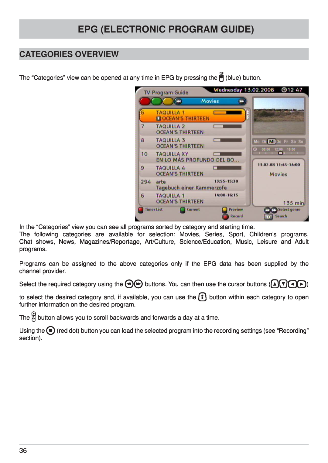 Kathrein UFS 790sw, UFS 790si manual Categories Overview, Epg Electronic Program Guide 
