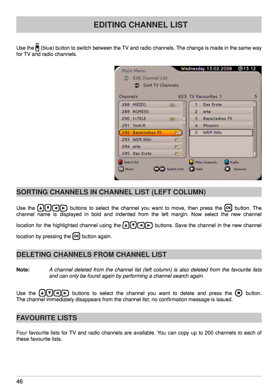 Kathrein UFS 790sw Editing Channel List, Sorting Channels In Channel List Left Column, Deleting Channels From Channel List 