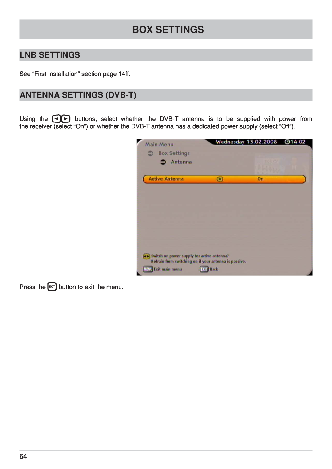 Kathrein UFS 790sw, UFS 790si manual Lnb Settings, Antenna Settings Dvb-T, Box Settings 