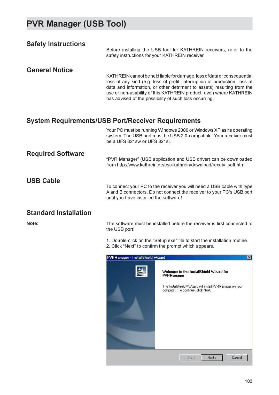 Kathrein UFS 821si, UFS 821sw manual PVR Manager USB Tool 