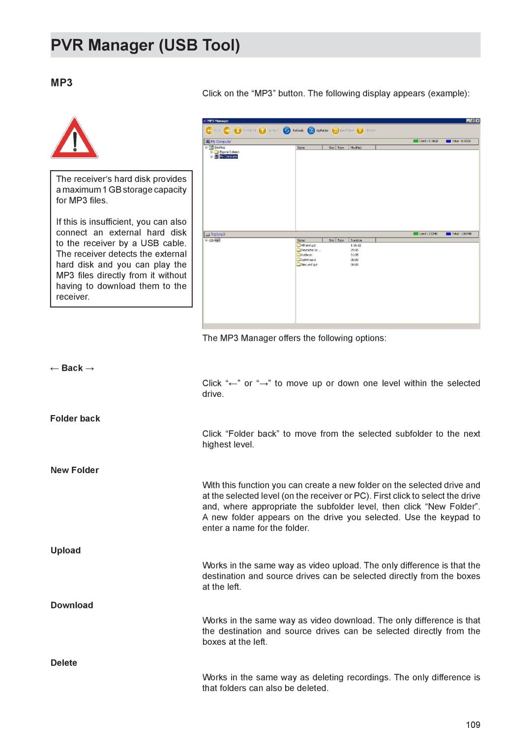 Kathrein UFS 821si, UFS 821sw manual MP3, ← Back → Folder back New Folder Upload Download Delete 