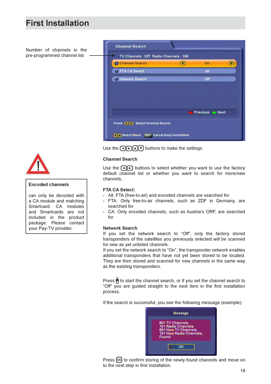 Kathrein UFS 821si, UFS 821sw manual Encoded channels, Channel Search, FTA CA Select, Network Search 