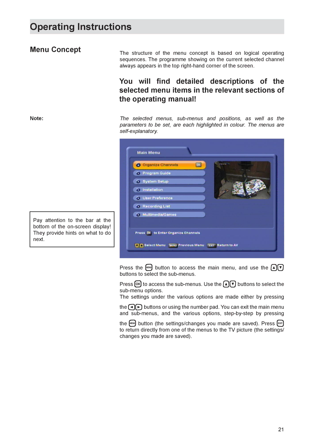 Kathrein UFS 821si, UFS 821sw manual Operating Instructions, Menu Concept 