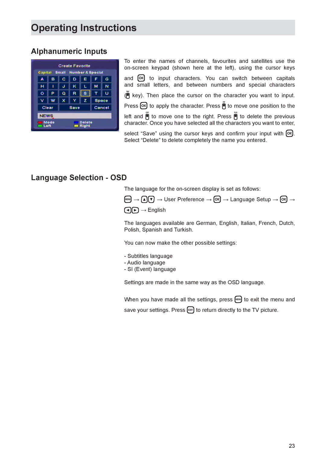 Kathrein UFS 821si, UFS 821sw manual Alphanumeric Inputs, Language Selection OSD 