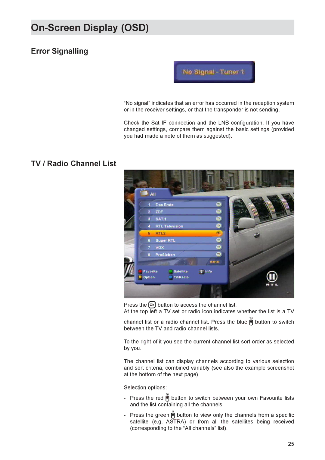 Kathrein UFS 821si, UFS 821sw manual Error Signalling, TV / Radio Channel List 