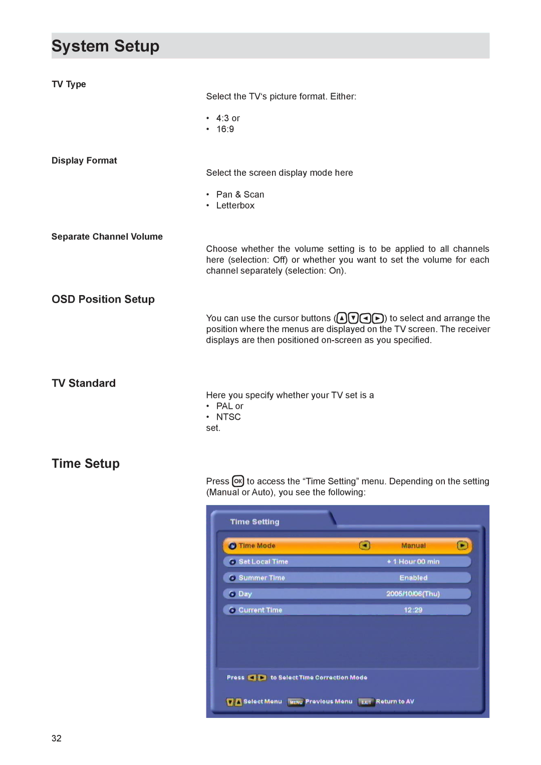 Kathrein UFS 821sw, UFS 821si manual Time Setup, OSD Position Setup, TV Standard 