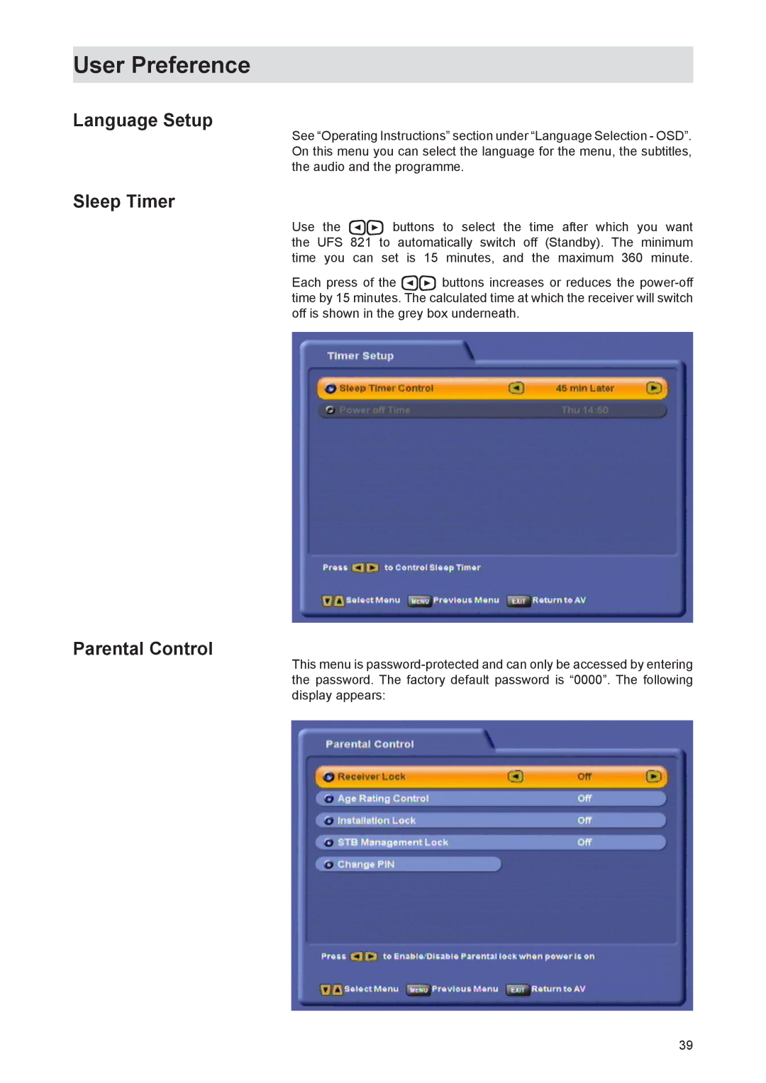 Kathrein UFS 821si, UFS 821sw manual Language Setup, Sleep Timer, Parental Control 