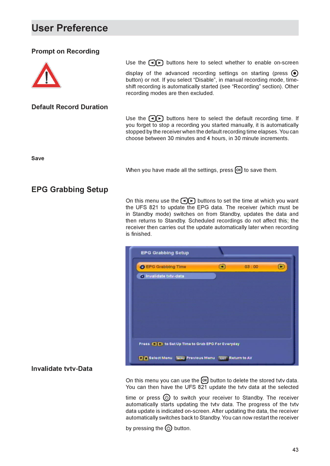 Kathrein UFS 821si, UFS 821sw EPG Grabbing Setup, Prompt on Recording, Default Record Duration, Invalidate tvtv-Data, Save 