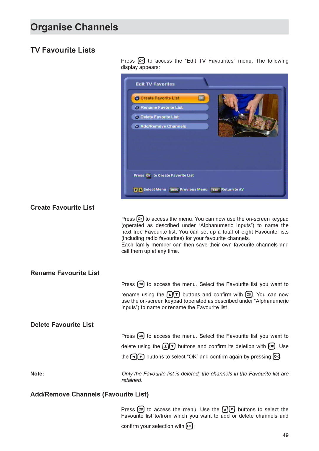 Kathrein UFS 821si, UFS 821sw manual TV Favourite Lists, Create Favourite List, Rename Favourite List, Delete Favourite List 