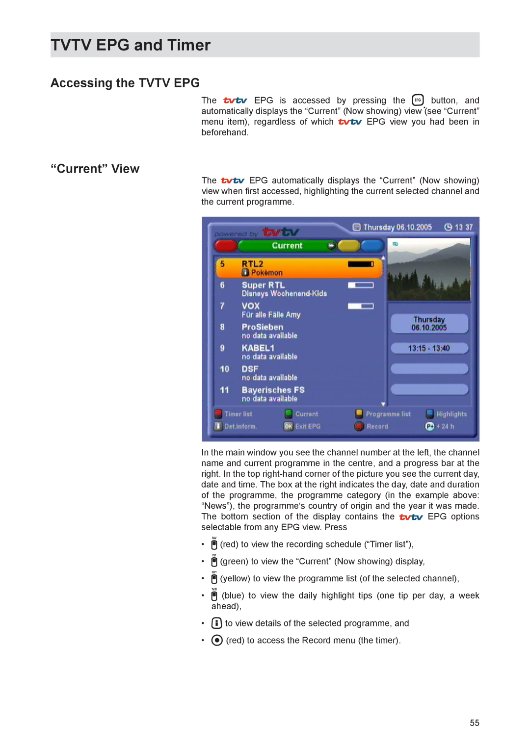 Kathrein UFS 821si, UFS 821sw manual Accessing the Tvtv EPG, Current View 