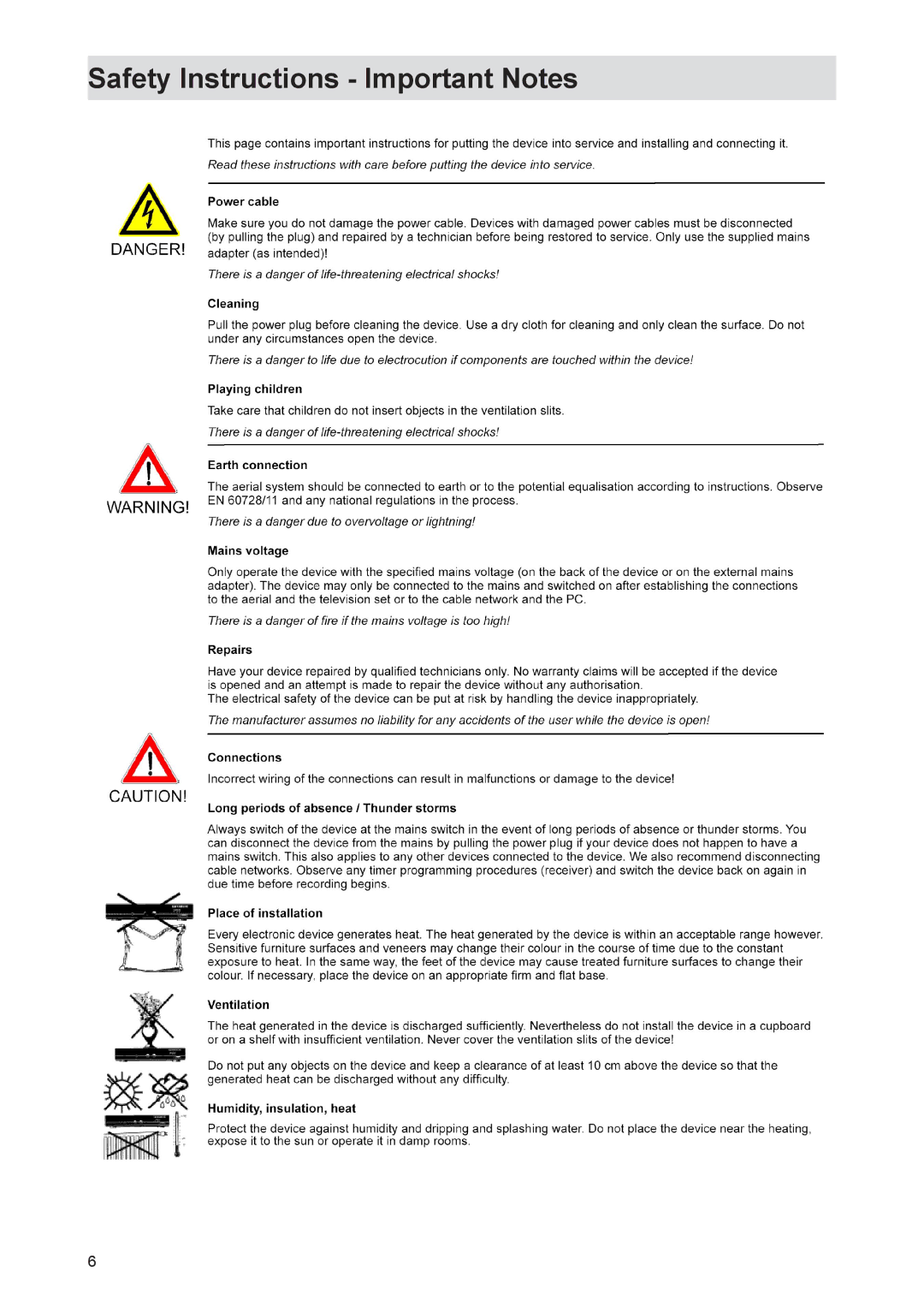 Kathrein UFS 821sw, UFS 821si manual Safety Instructions Important Notes 