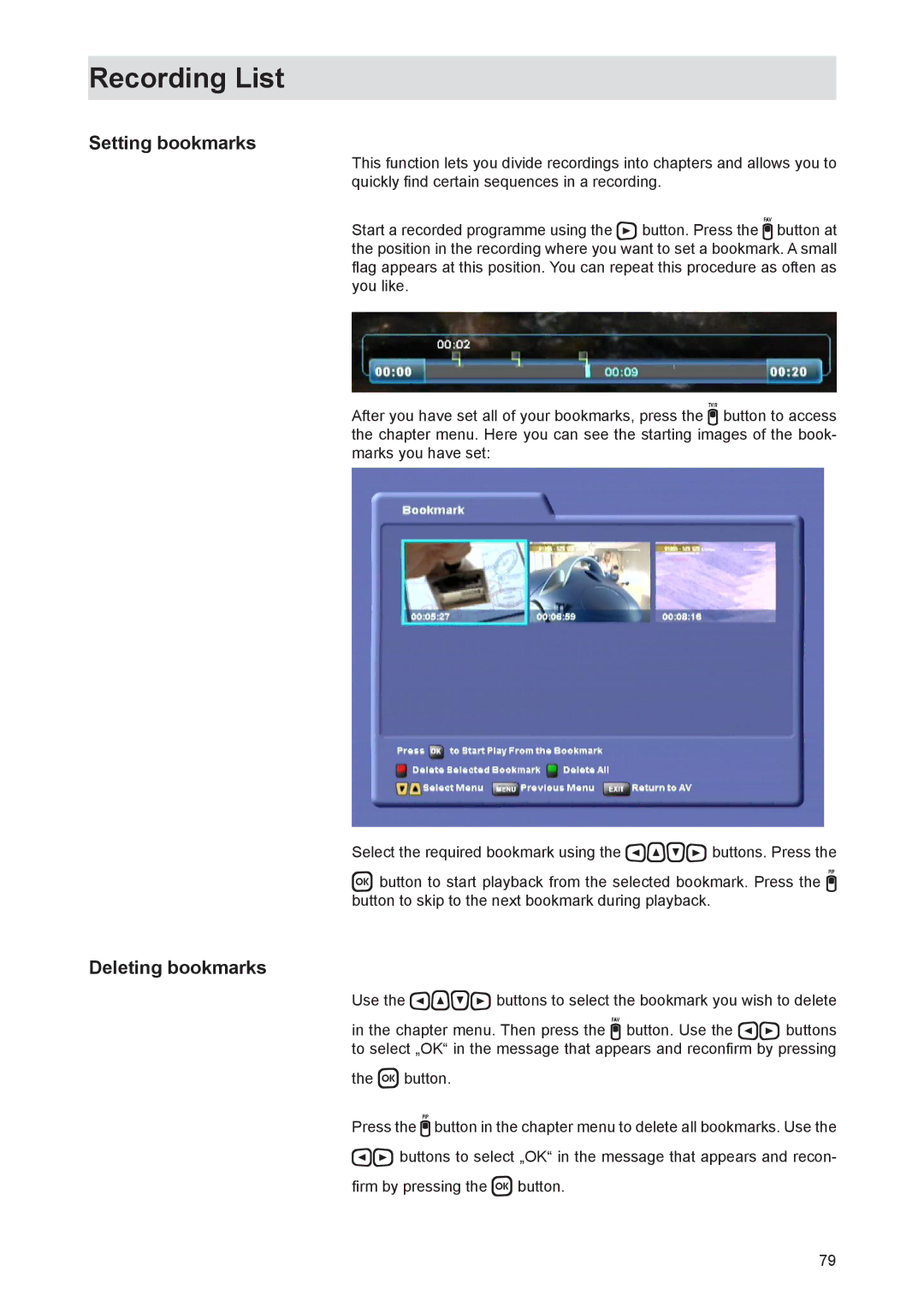 Kathrein UFS 821si, UFS 821sw manual Setting bookmarks, Deleting bookmarks 