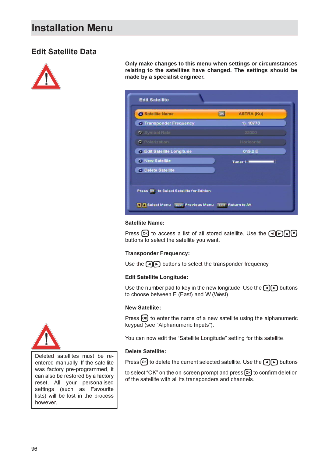 Kathrein UFS 821sw, UFS 821si manual Edit Satellite Data, Edit Satellite Longitude, New Satellite, Delete Satellite 