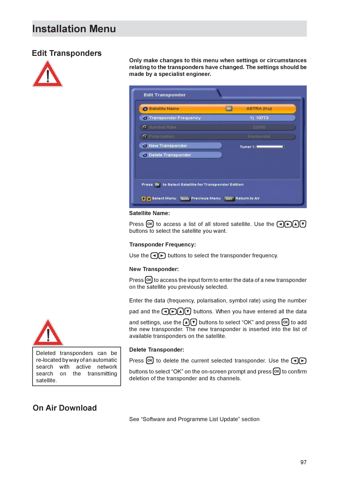 Kathrein UFS 821si, UFS 821sw manual Edit Transponders, On Air Download, New Transponder, Delete Transponder 