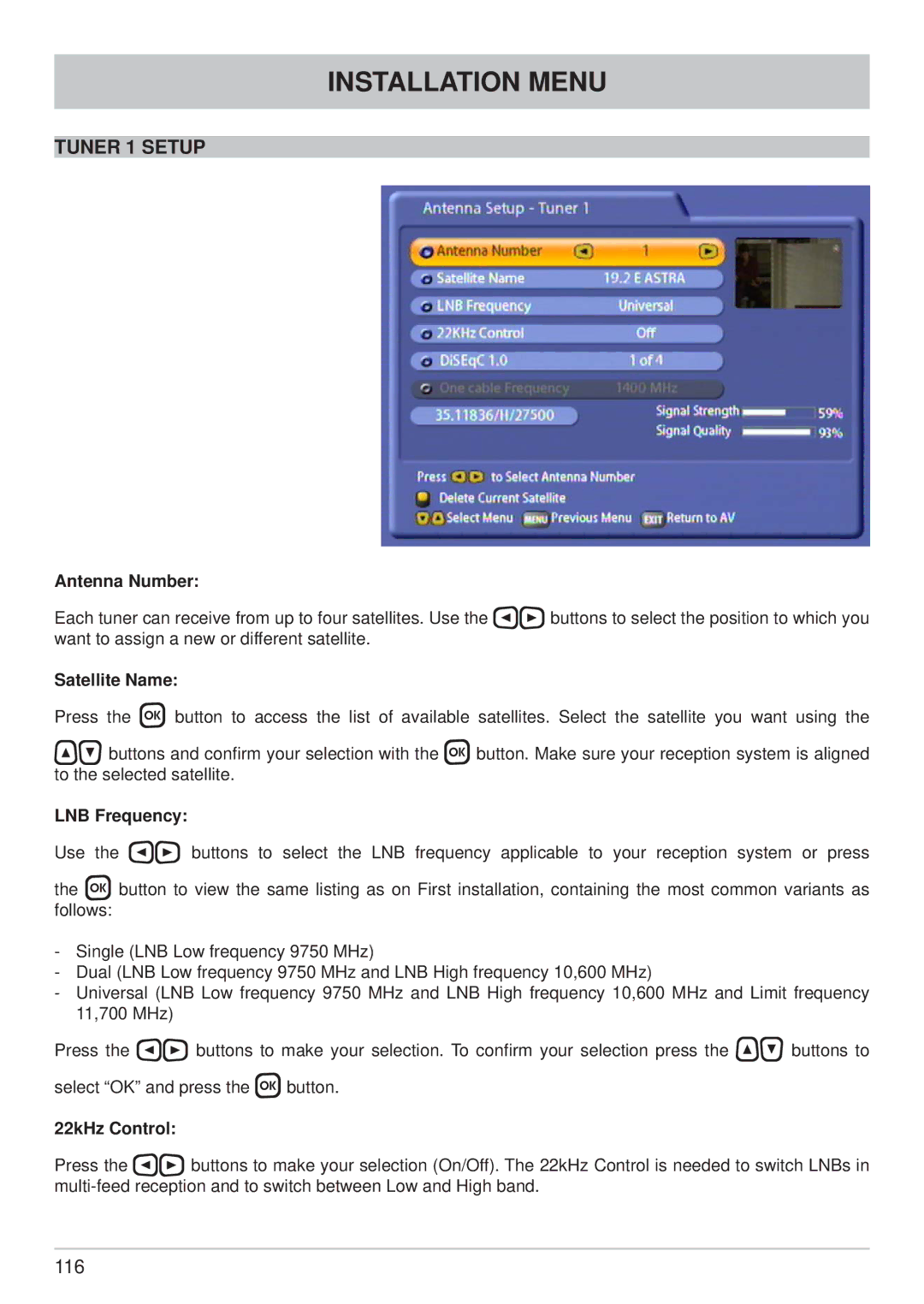 Kathrein UFS 822sw, UFS 822si manual Tuner 1 Setup, Antenna Number, Satellite Name, LNB Frequency 