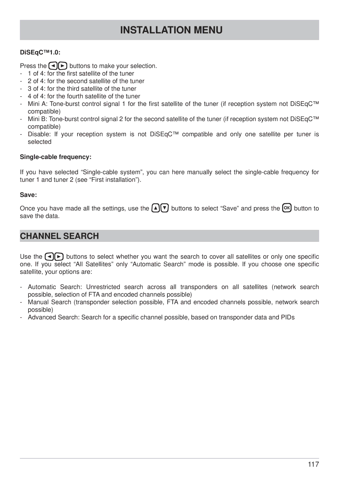 Kathrein UFS 822si, UFS 822sw manual Channel Search, DiSEqC1.0, Single-cable frequency, Save 