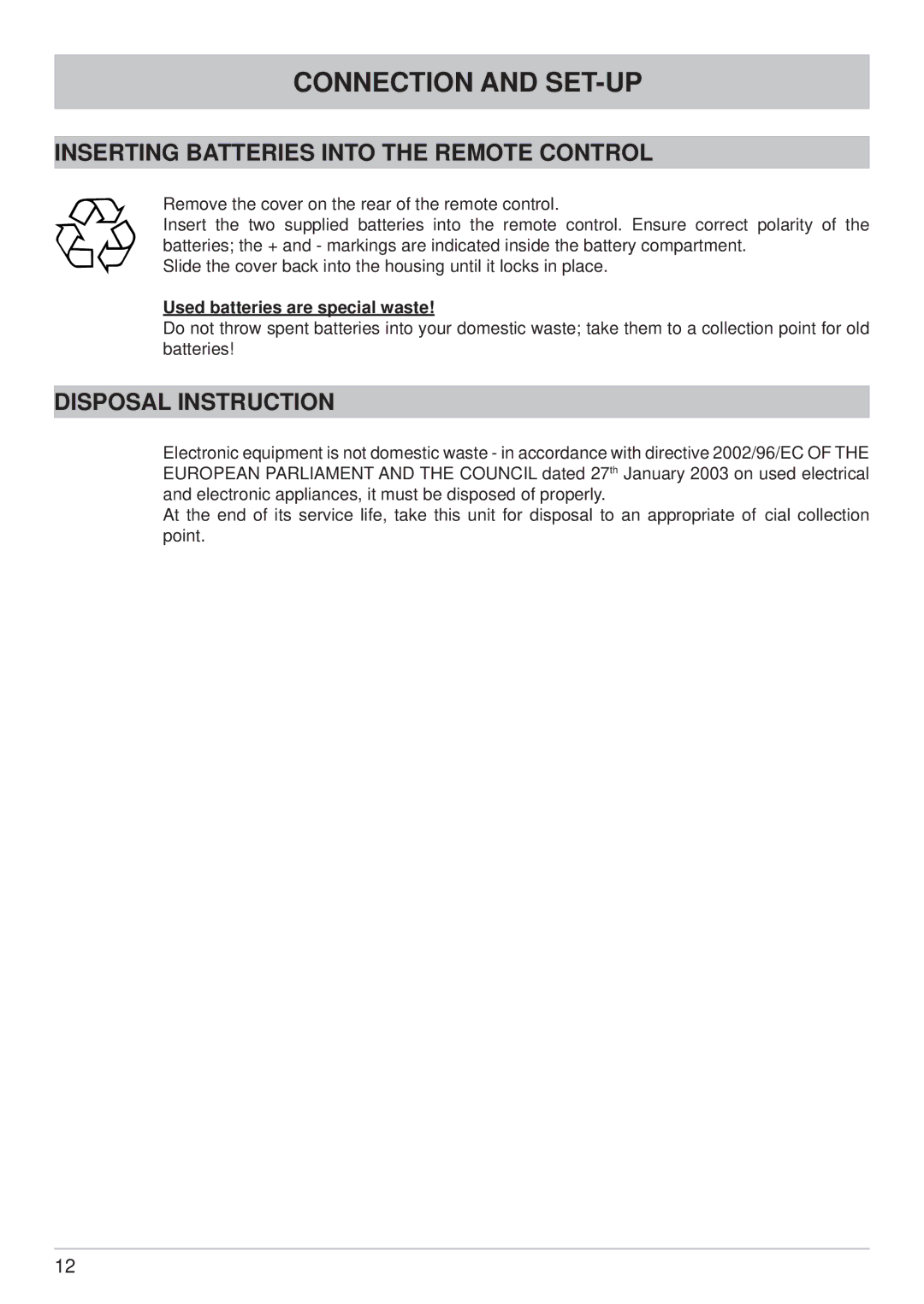 Kathrein UFS 822sw Inserting Batteries Into the Remote Control, Disposal Instruction, Used batteries are special waste 