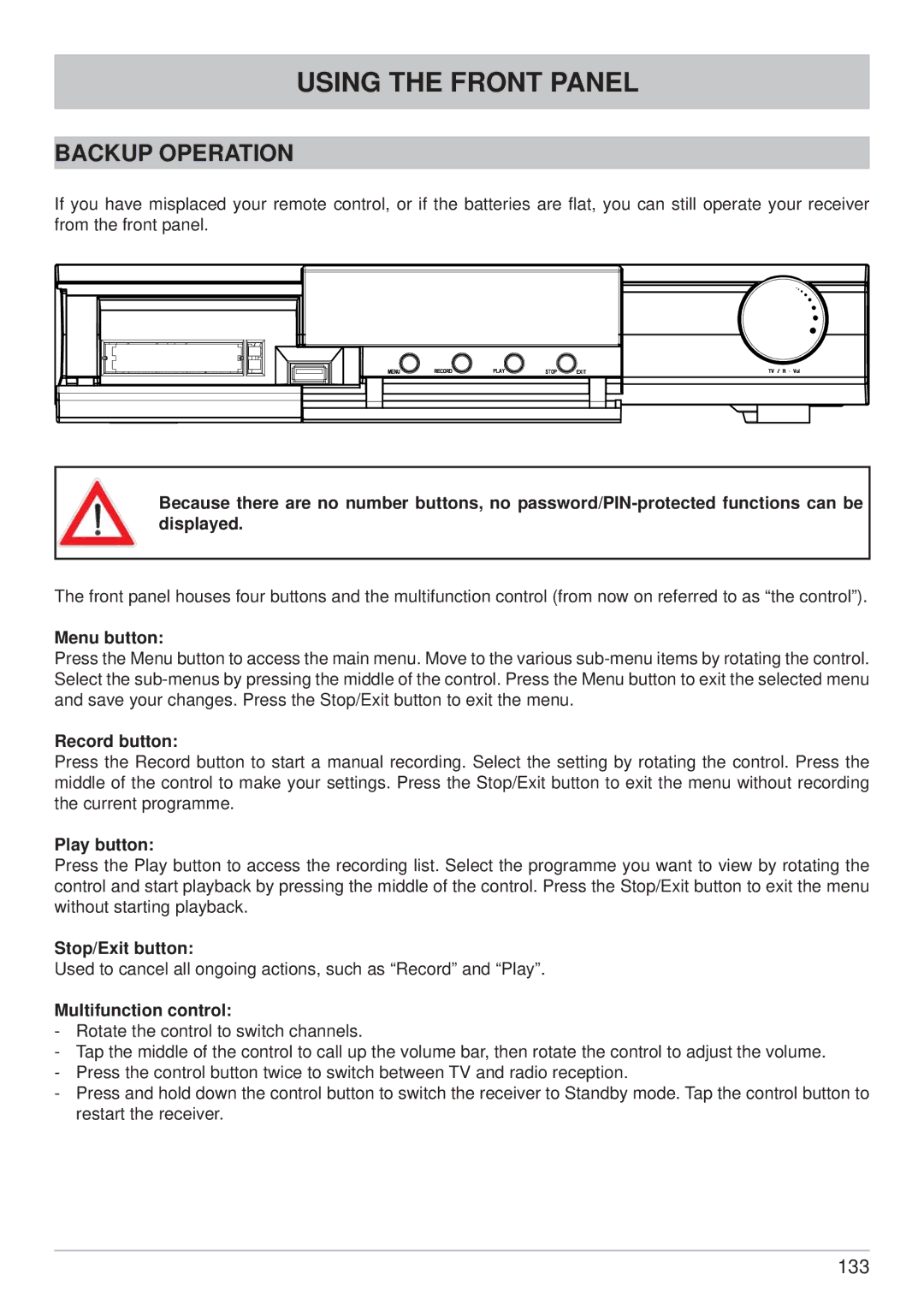 Kathrein UFS 822si, UFS 822sw manual Using the Front Panel, Backup Operation 