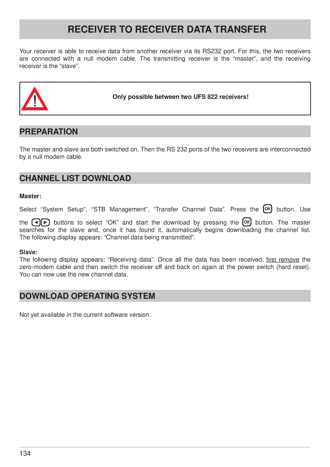 Kathrein UFS 822sw manual Receiver to Receiver Data Transfer, Preparation, Channel List Download, Download Operating System 