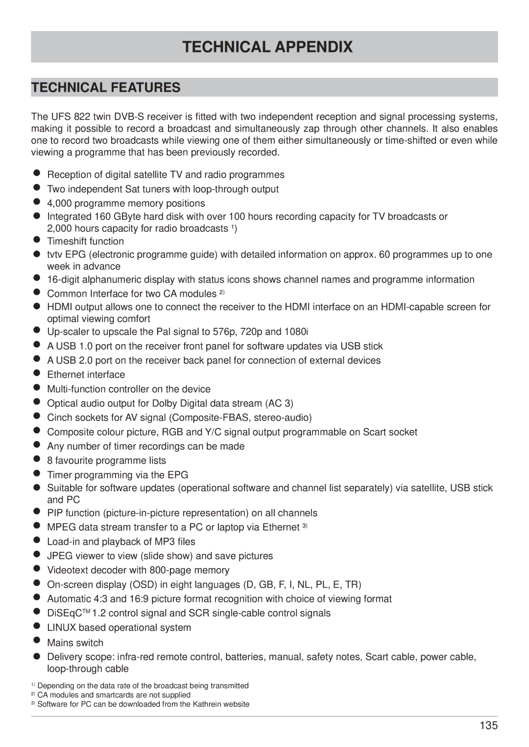 Kathrein UFS 822si, UFS 822sw manual Technical Appendix, Technical Features 