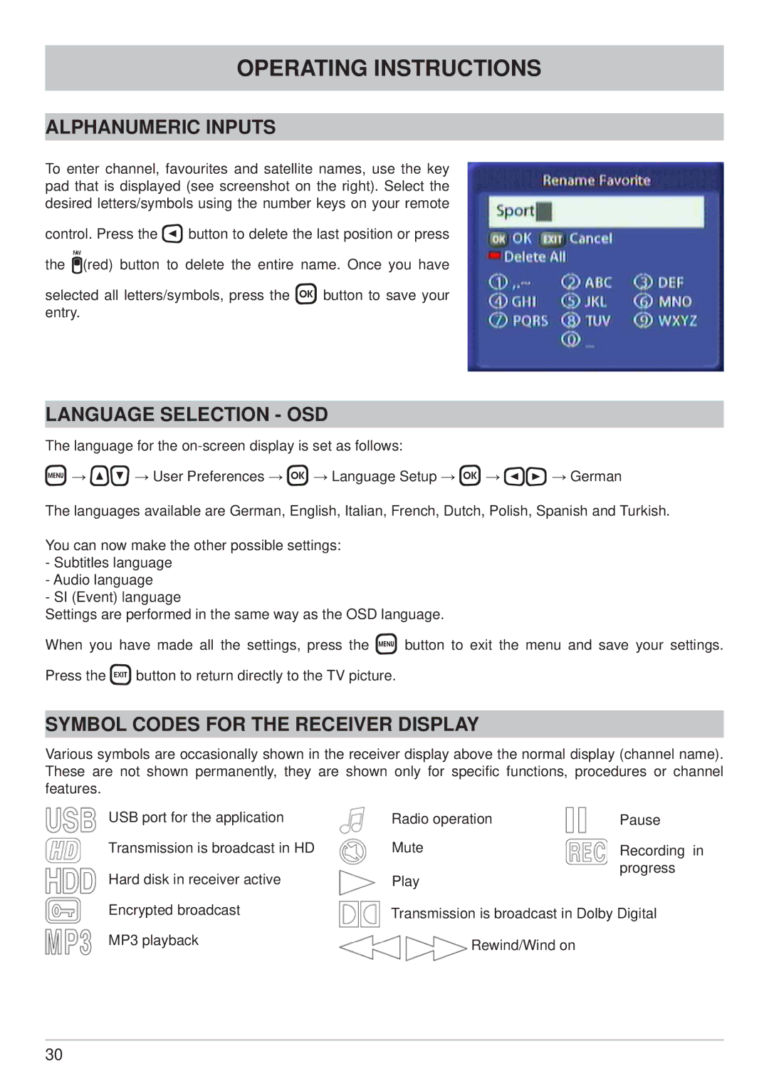 Kathrein UFS 822sw, UFS 822si manual Alphanumeric Inputs, Language Selection OSD, Symbol Codes for the Receiver Display 