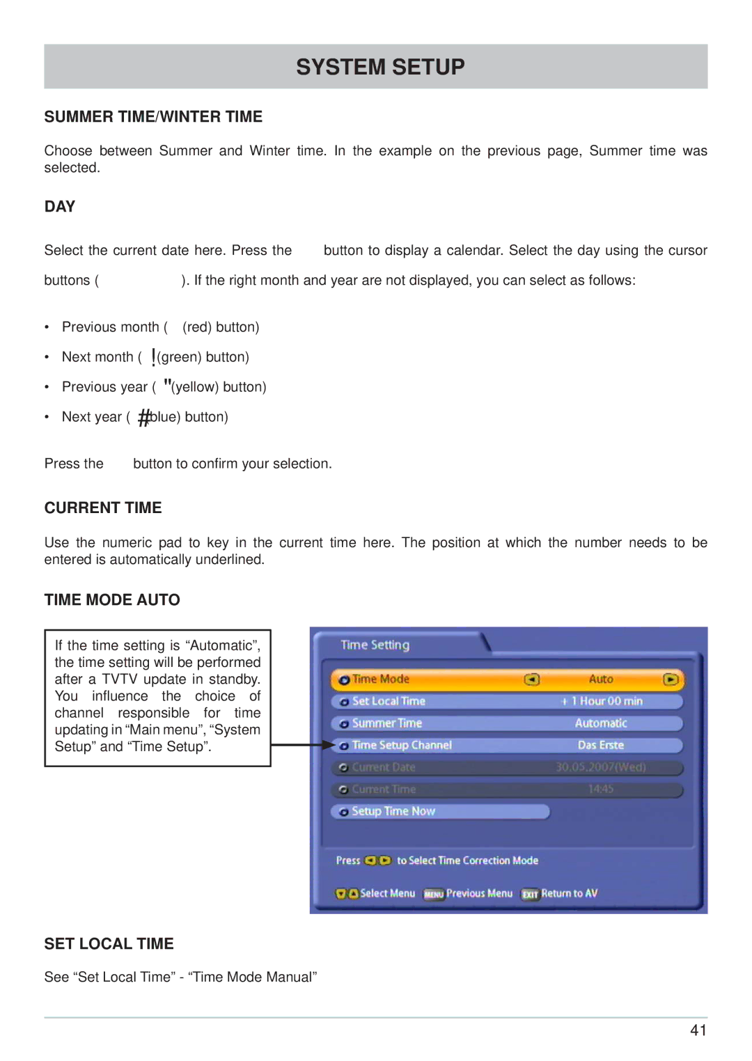 Kathrein UFS 822si, UFS 822sw manual Summer TIME/WINTER Time, Day, Current Time, Time Mode Auto, SET Local Time 