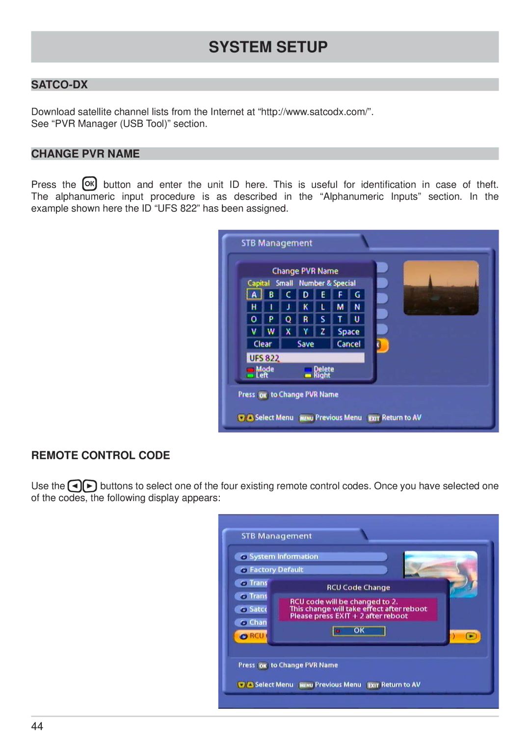 Kathrein UFS 822sw, UFS 822si manual Satco-Dx, Change PVR Name, Remote Control Code 