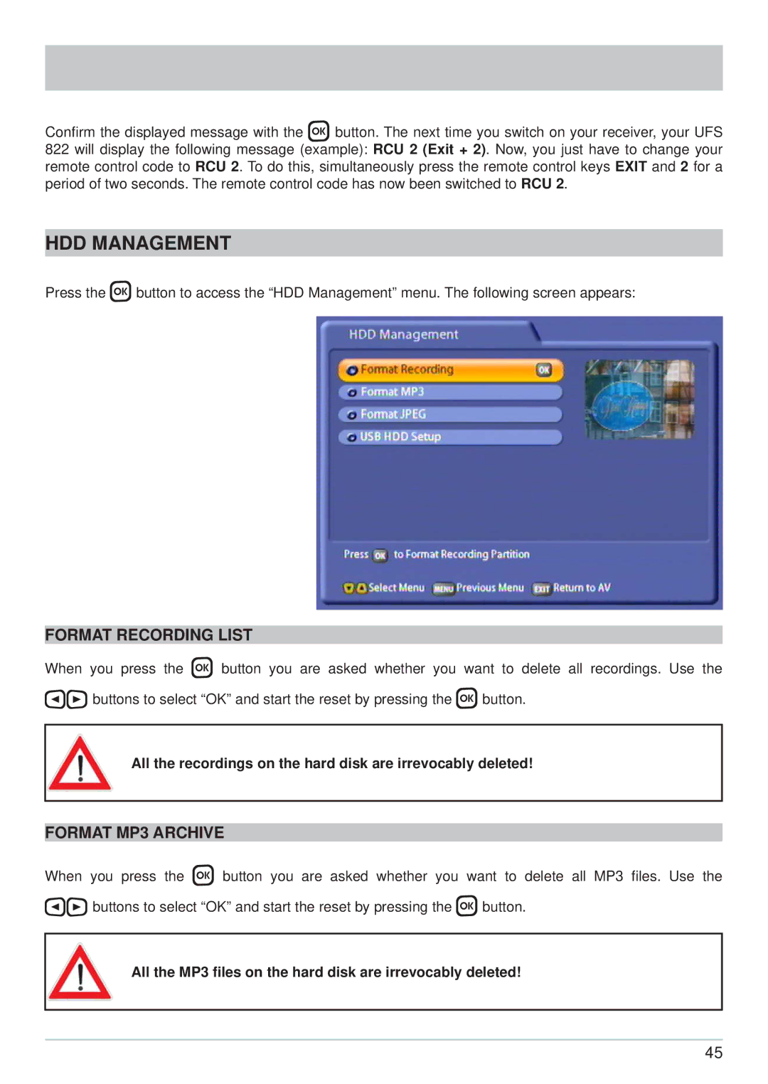 Kathrein UFS 822si, UFS 822sw manual HDD Management, Format Recording List, Format MP3 Archive 