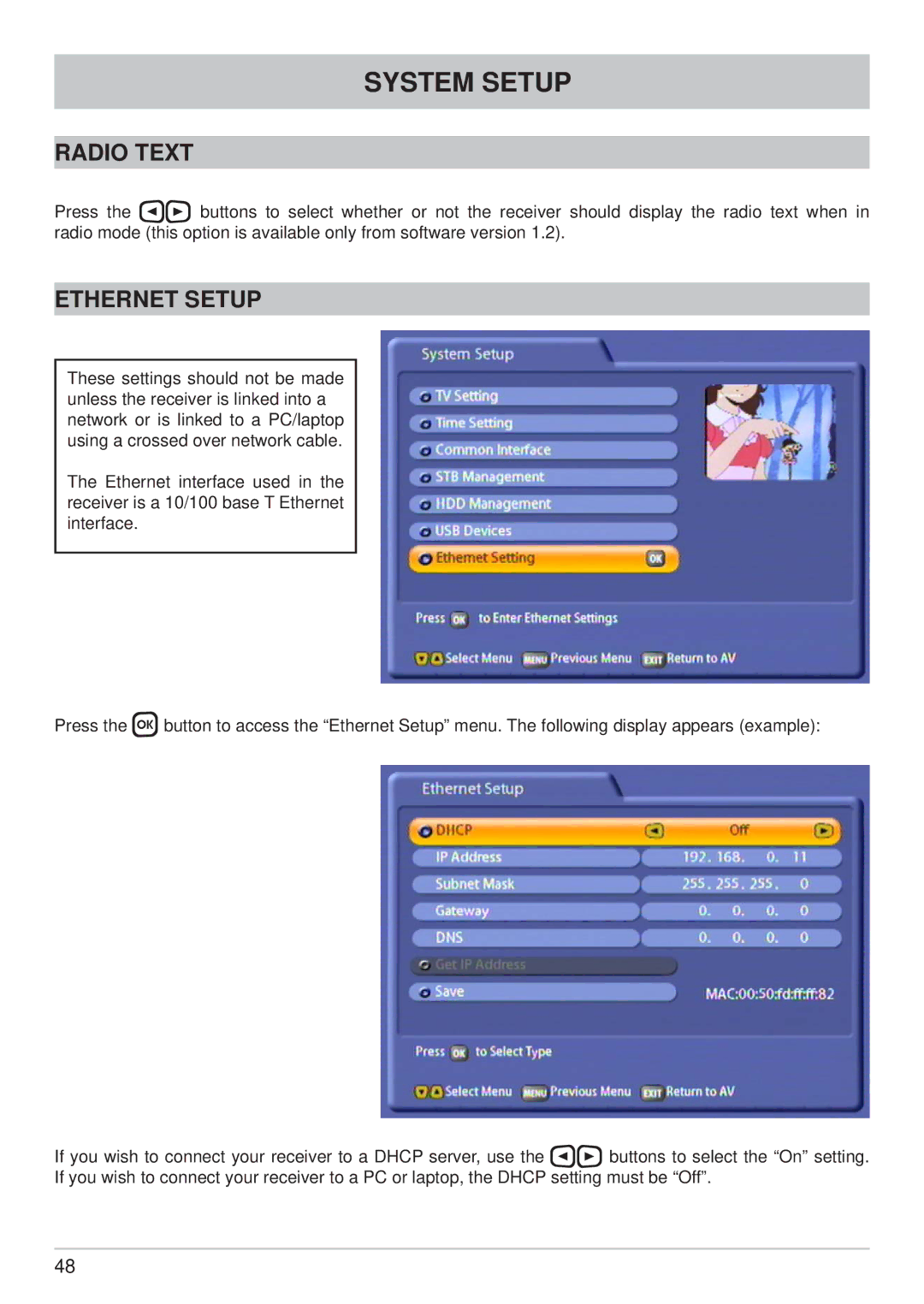 Kathrein UFS 822sw, UFS 822si manual Radio Text, Ethernet Setup 