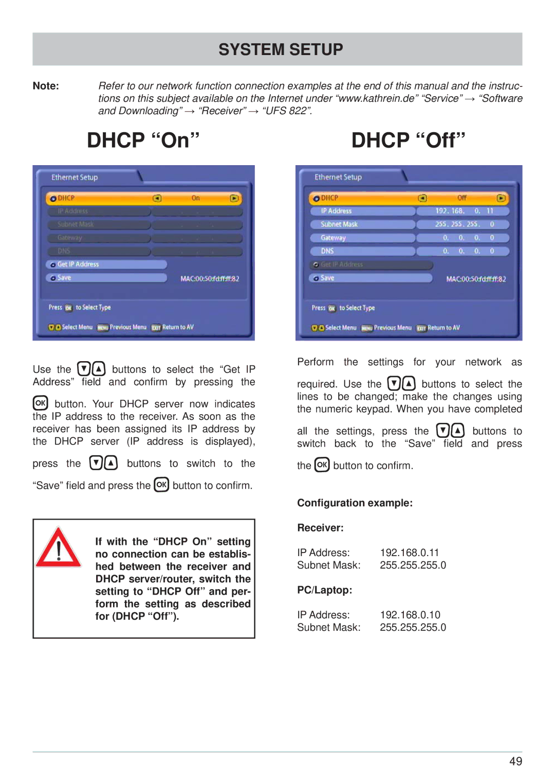 Kathrein UFS 822si, UFS 822sw manual Conﬁguration example Receiver, PC/Laptop 