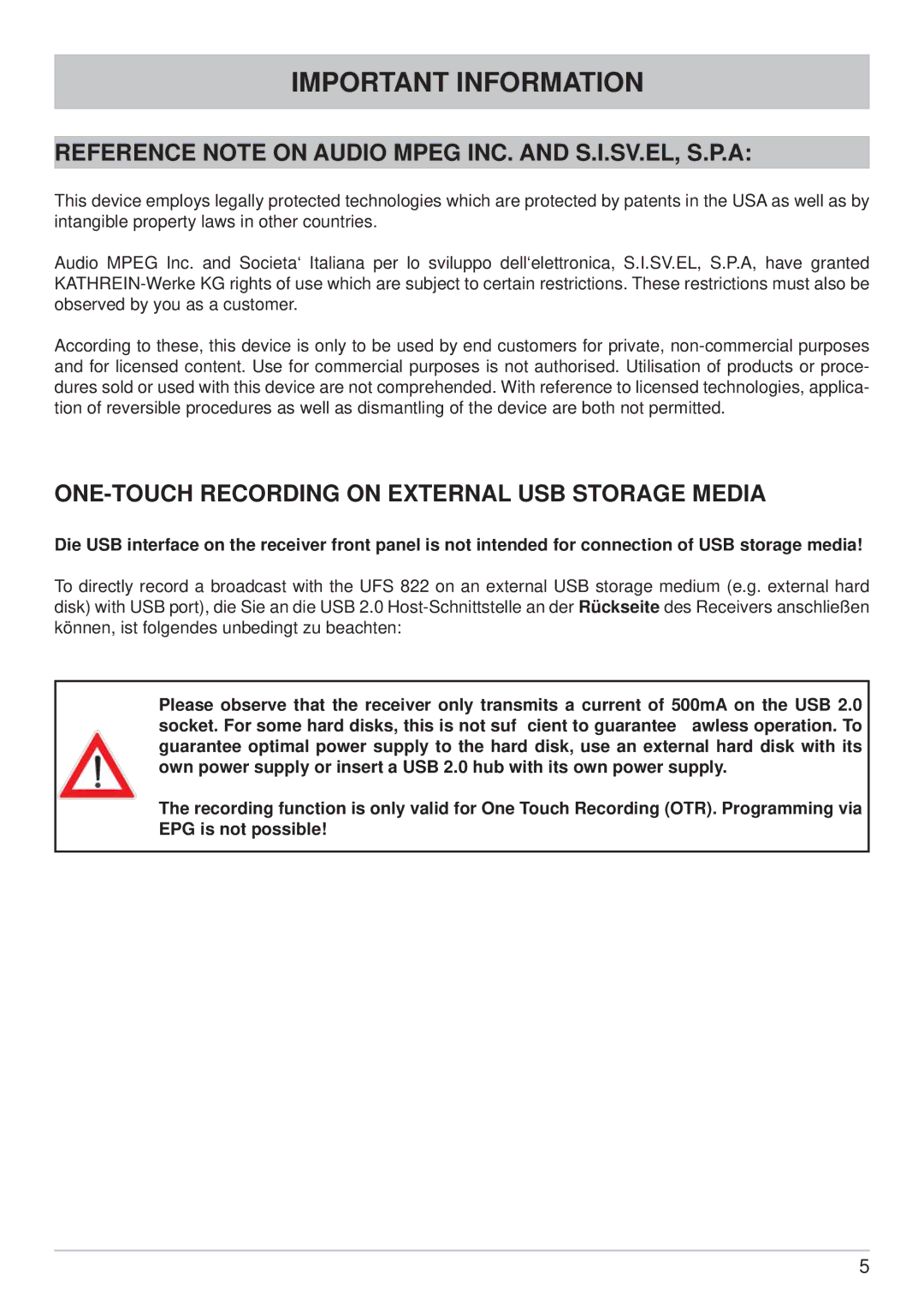 Kathrein UFS 822si, UFS 822sw manual Reference Note on Audio Mpeg INC. and S.I.SV.EL, S.P.A 