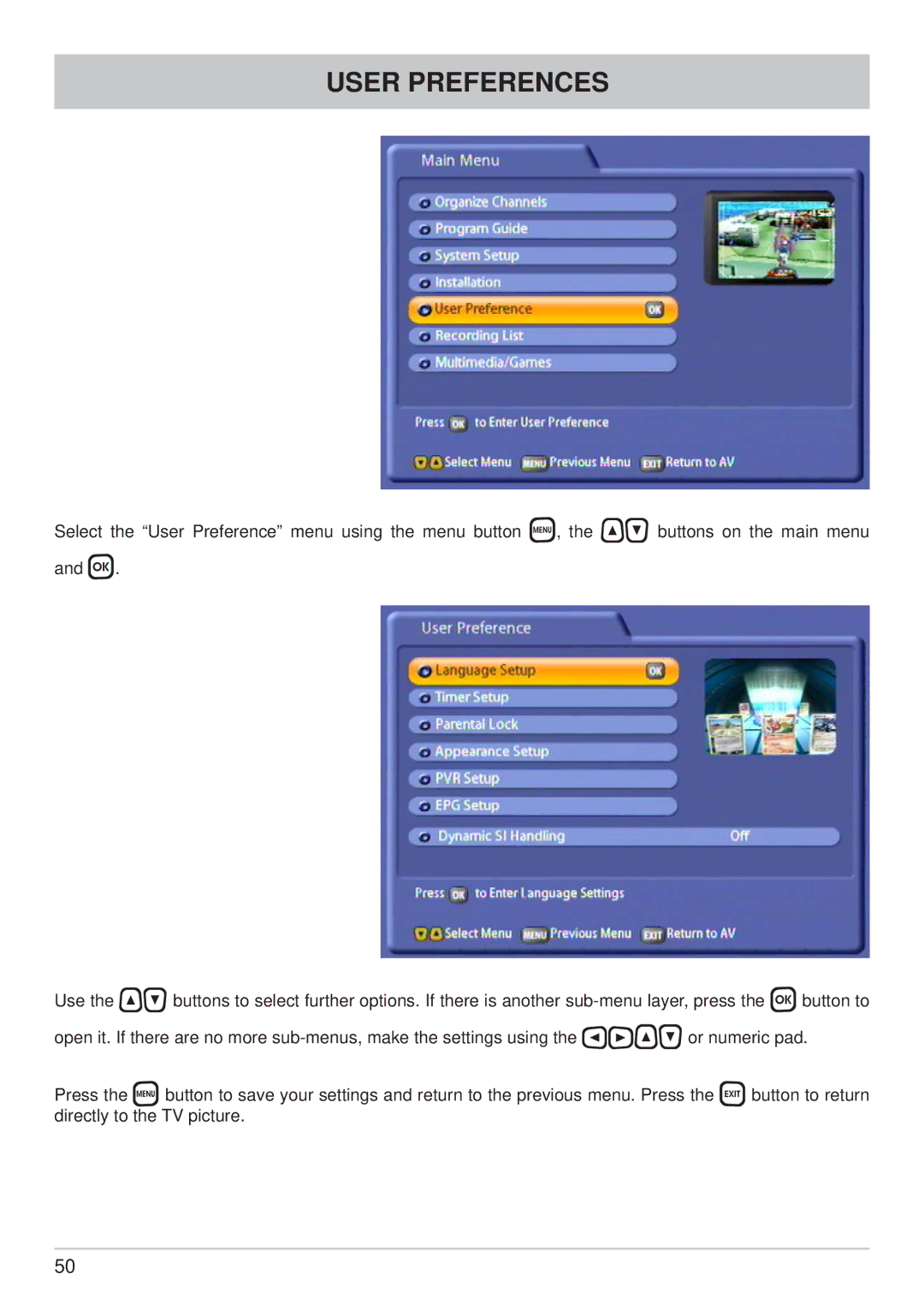 Kathrein UFS 822sw, UFS 822si manual User Preferences 