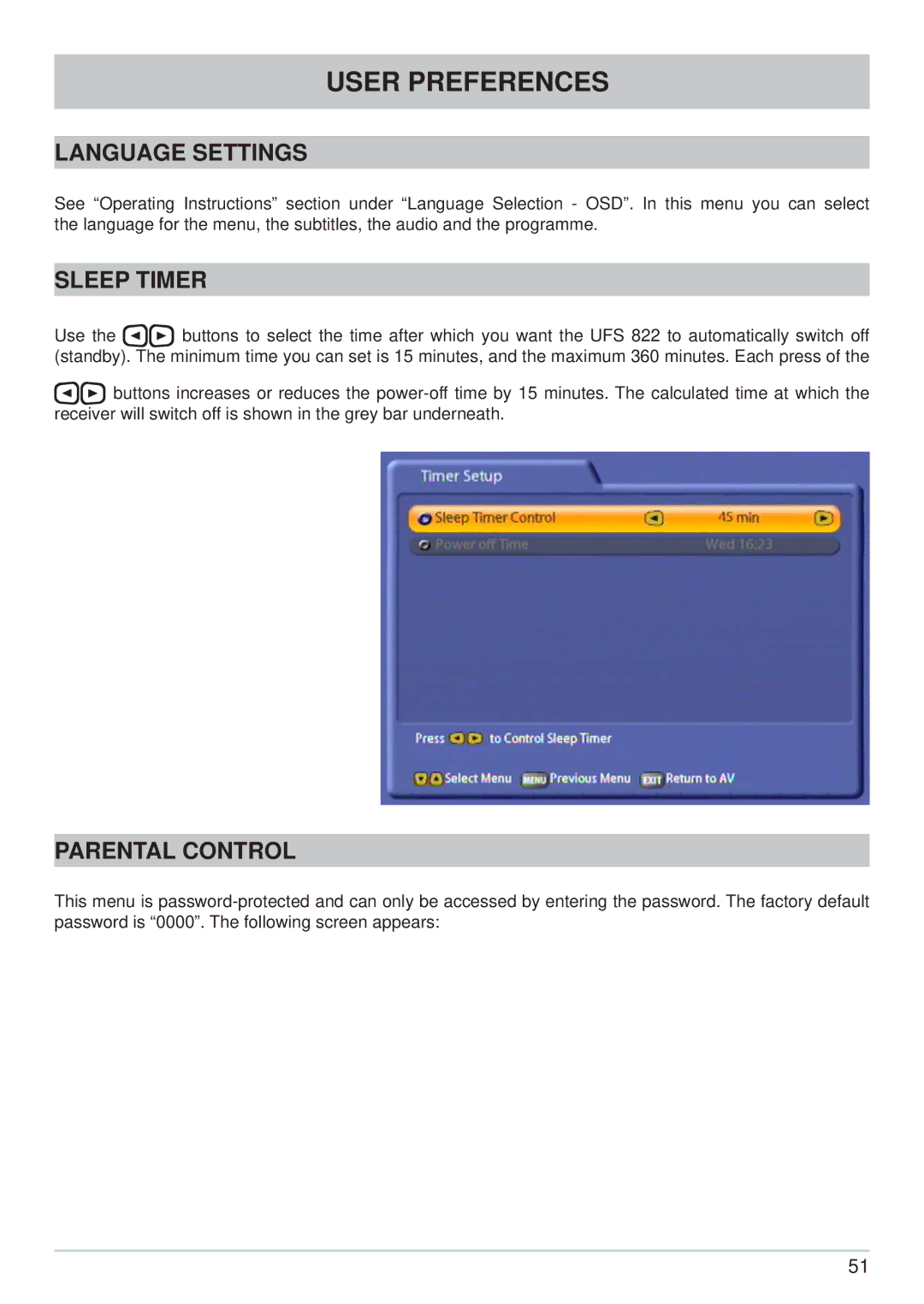 Kathrein UFS 822si, UFS 822sw manual Language Settings, Sleep Timer, Parental Control 