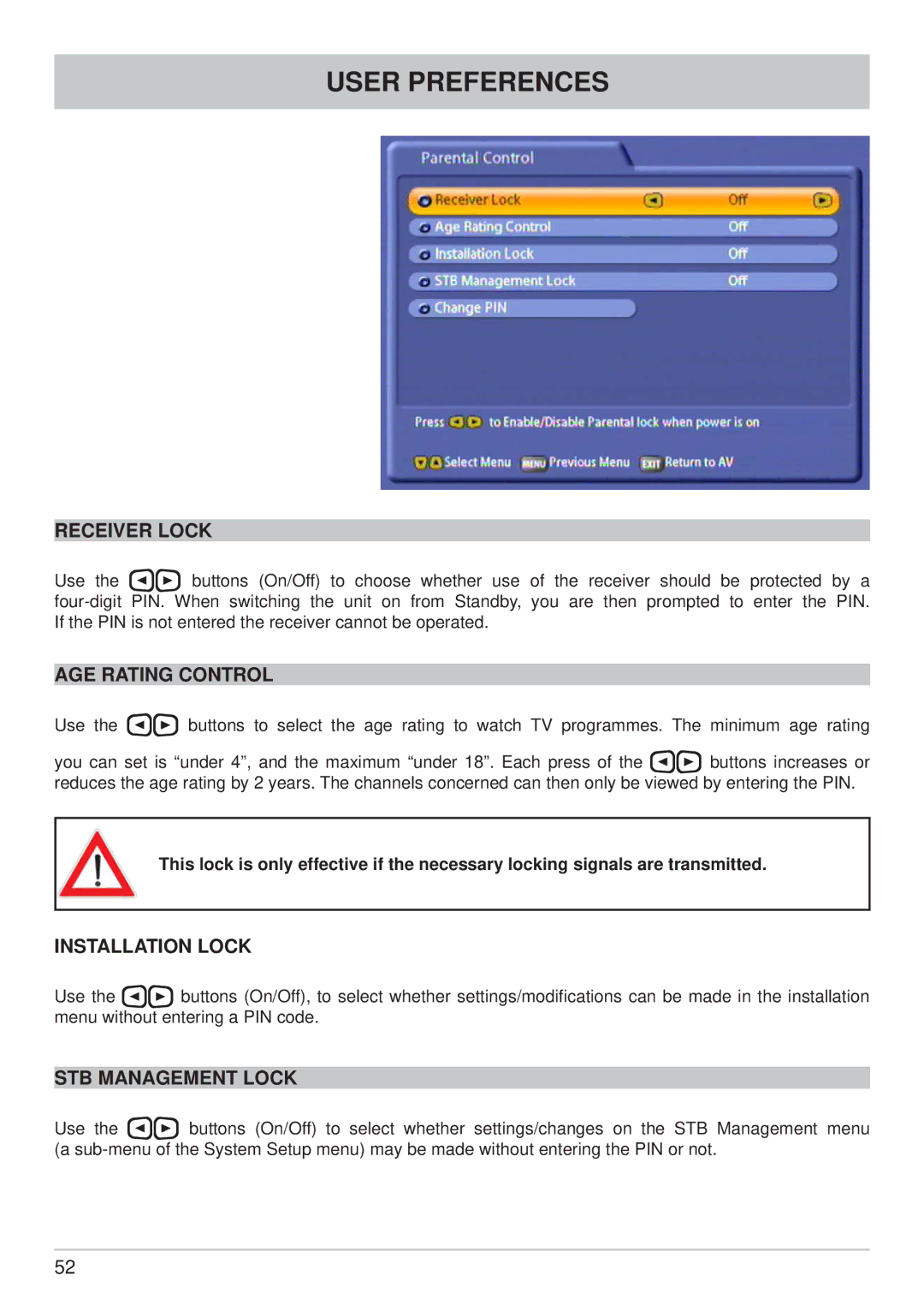 Kathrein UFS 822sw, UFS 822si manual Receiver Lock, AGE Rating Control, Installation Lock, STB Management Lock 