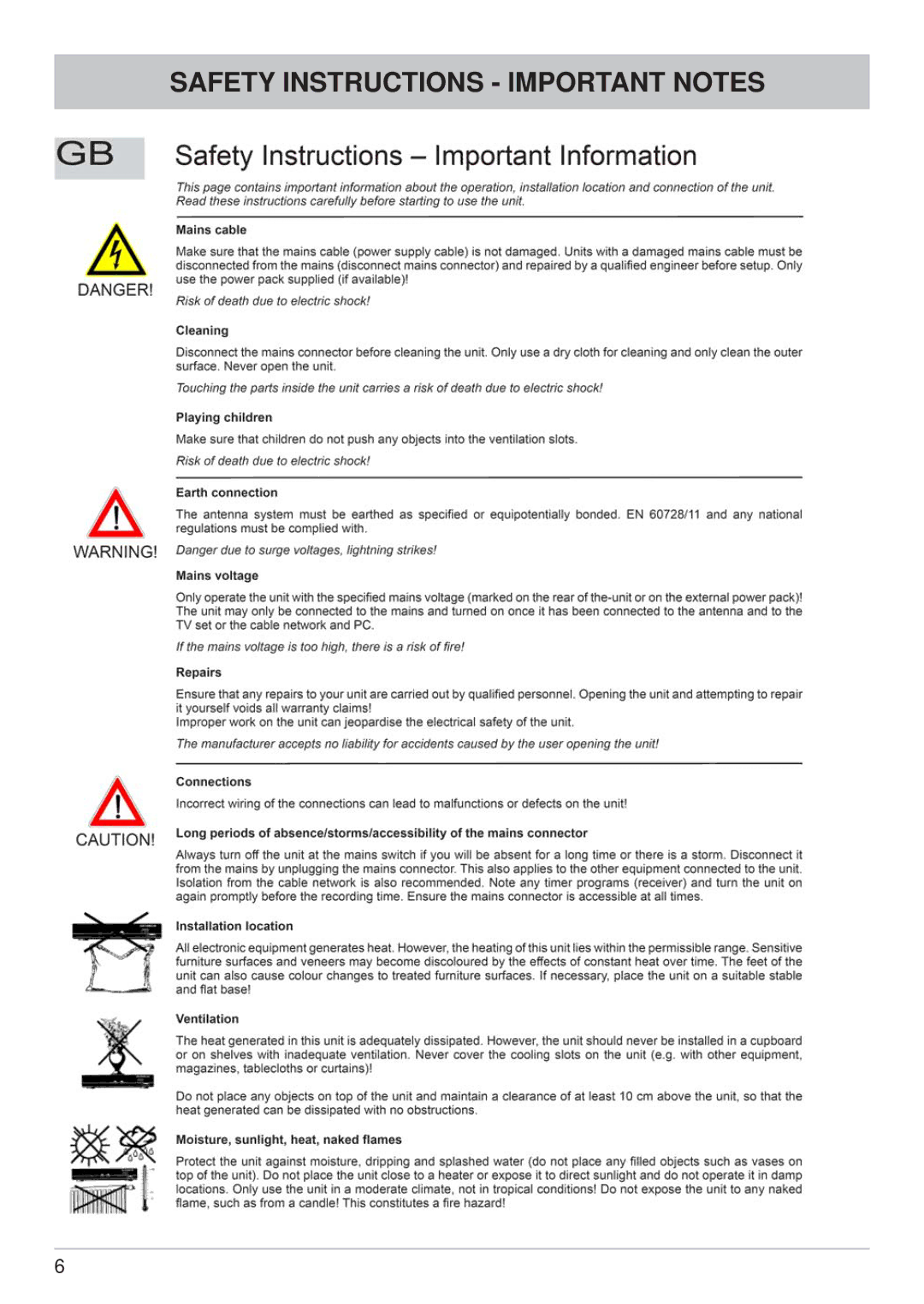 Kathrein UFS 822sw, UFS 822si manual Safety Instructions Important Notes 