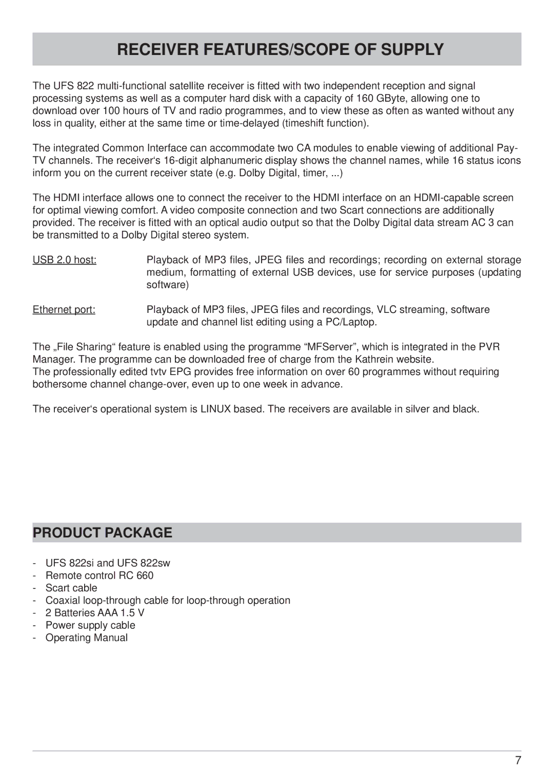 Kathrein UFS 822si, UFS 822sw manual Receiver FEATURES/SCOPE of Supply, Product Package 