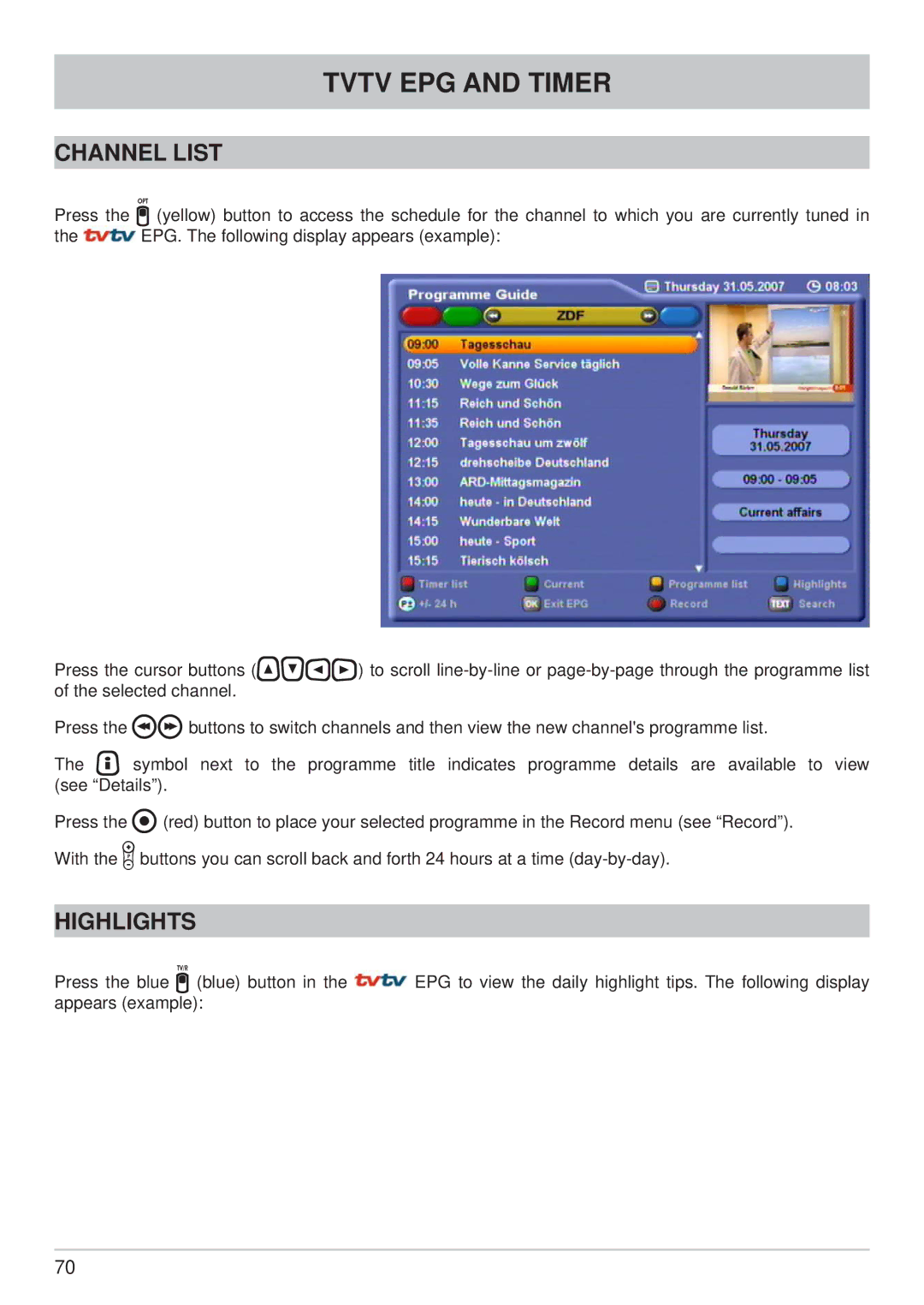 Kathrein UFS 822sw, UFS 822si manual Channel List, Highlights 