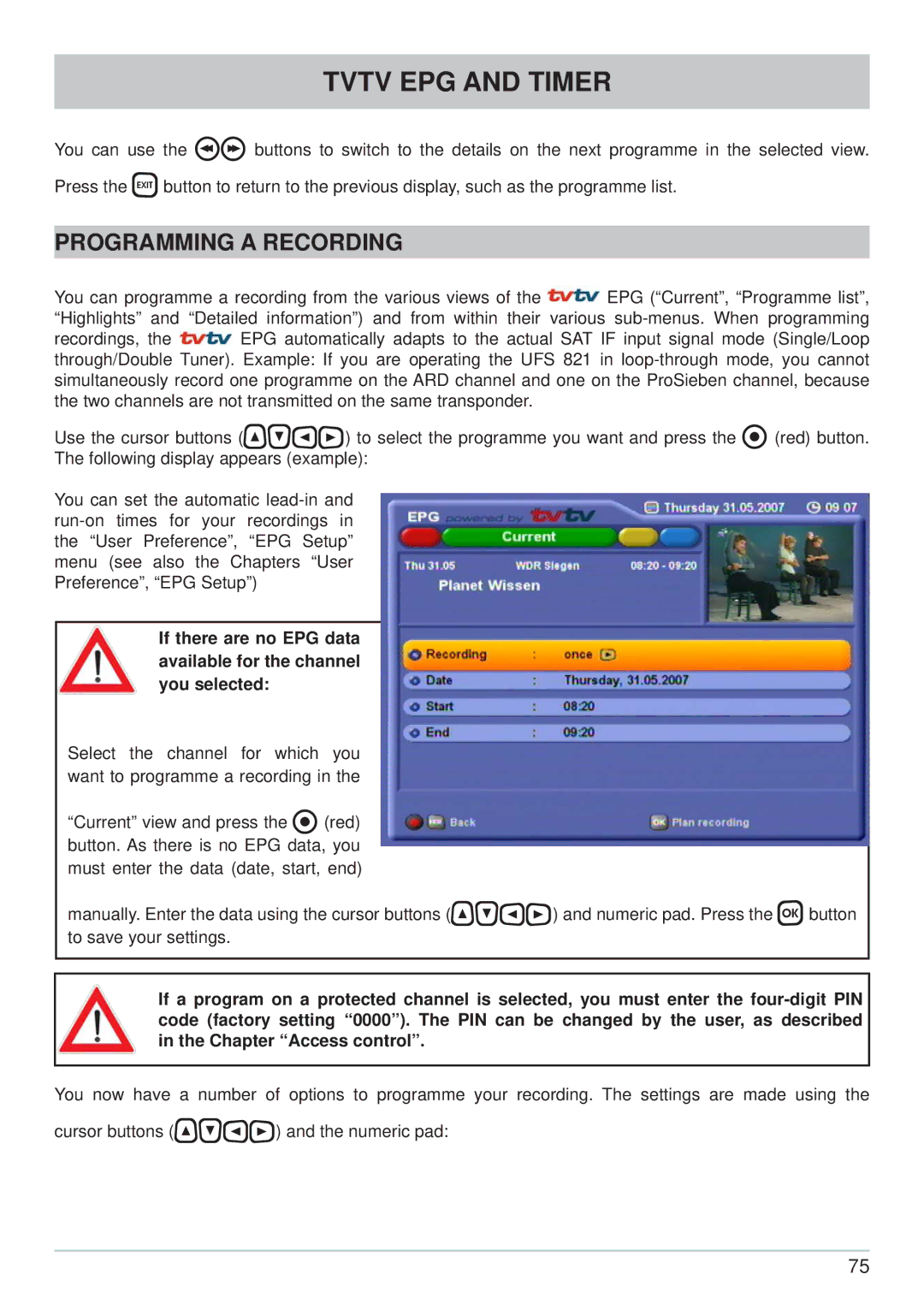 Kathrein UFS 822si, UFS 822sw manual Programming a Recording 