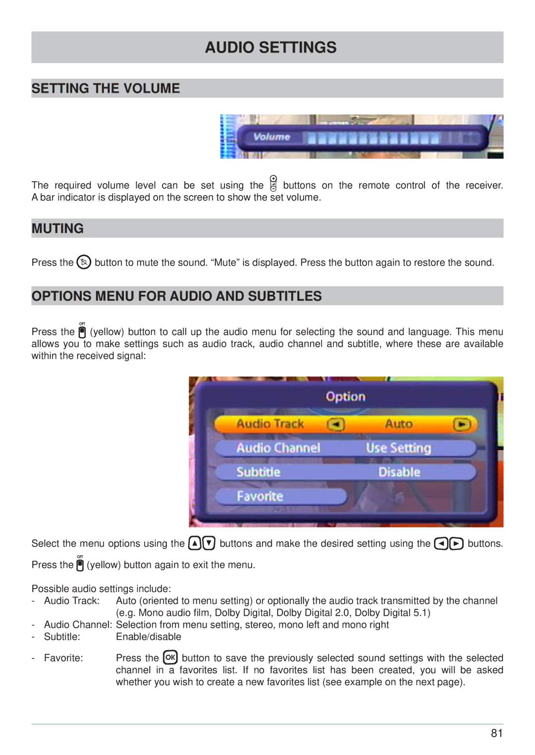 Kathrein UFS 822si, UFS 822sw manual Audio Settings, Setting the Volume, Muting, Options Menu for Audio and Subtitles 