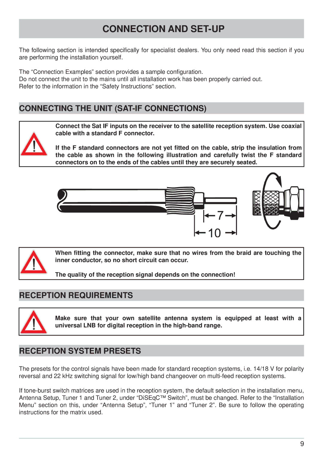 Kathrein UFS 822si, UFS 822sw manual Connection and SET-UP, Connecting the Unit SAT-IF Connections, Reception Requirements 
