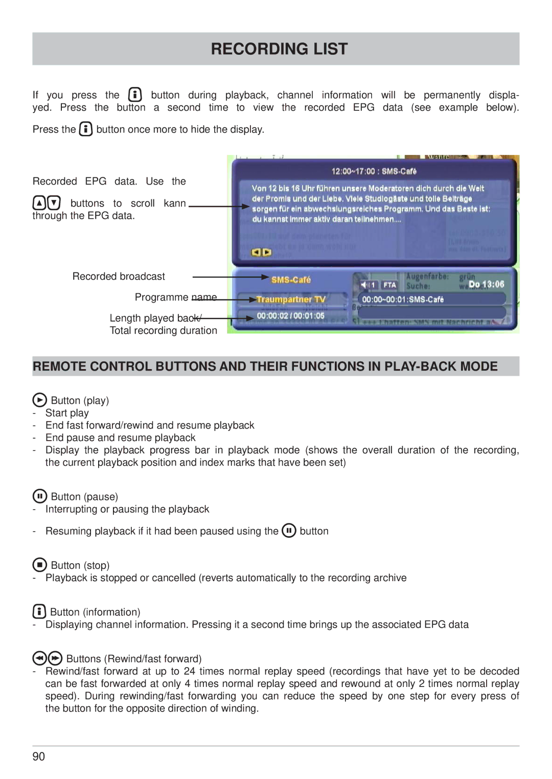 Kathrein UFS 822sw, UFS 822si manual Remote Control Buttons and Their Functions in PLAY-BACK Mode 