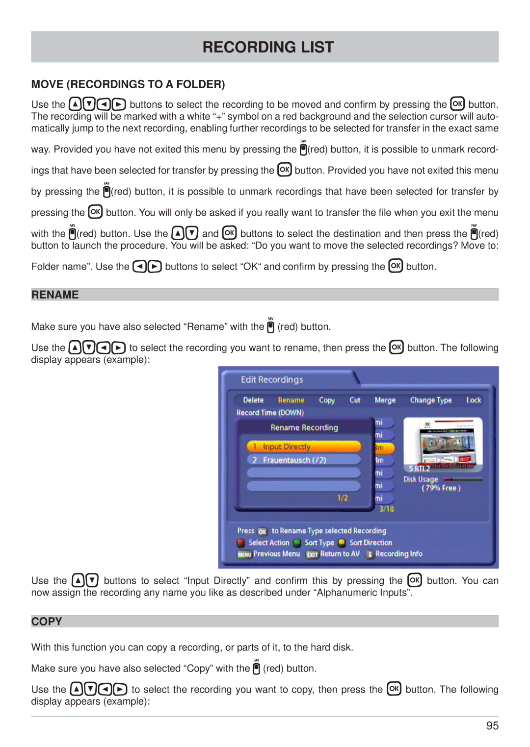 Kathrein UFS 822si, UFS 822sw manual Move Recordings to a Folder, Rename, Copy 