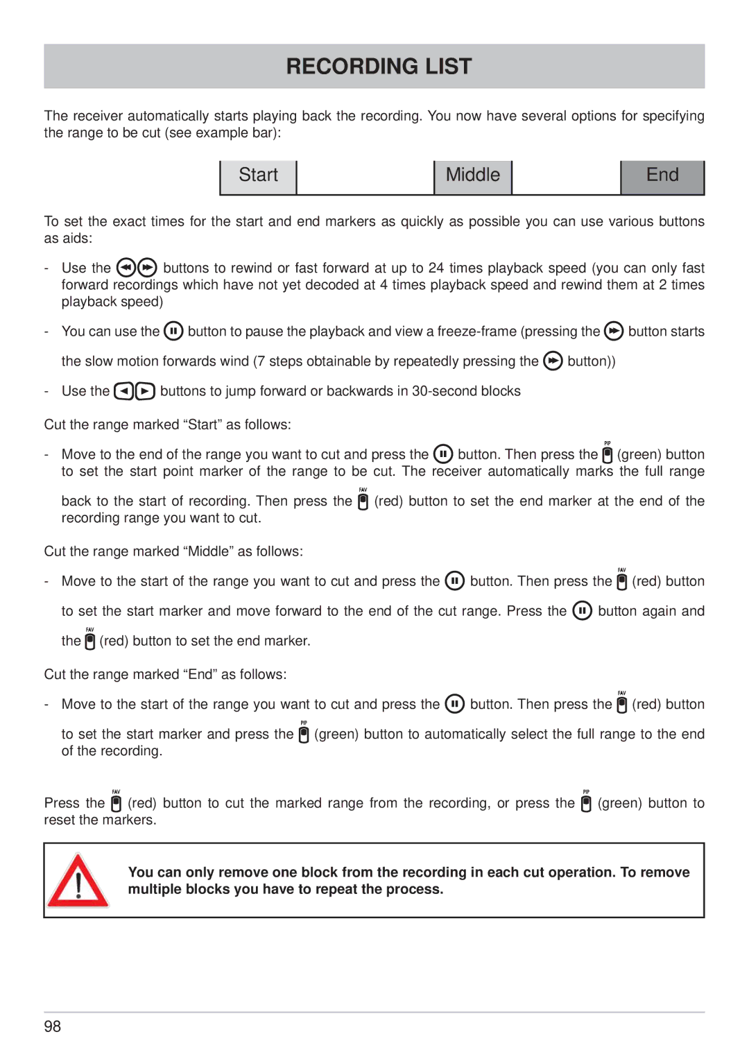 Kathrein UFS 822sw, UFS 822si manual Recording List 