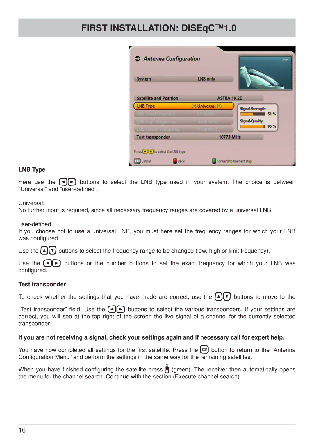 Kathrein UFS 902 manual LNB Type, Test transponder 