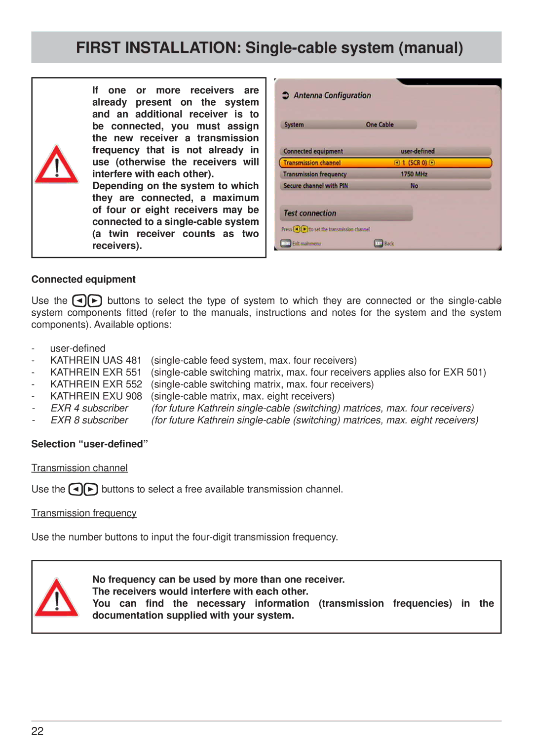 Kathrein UFS 902 First Installation Single-cable system manual, Selection user-deﬁned 