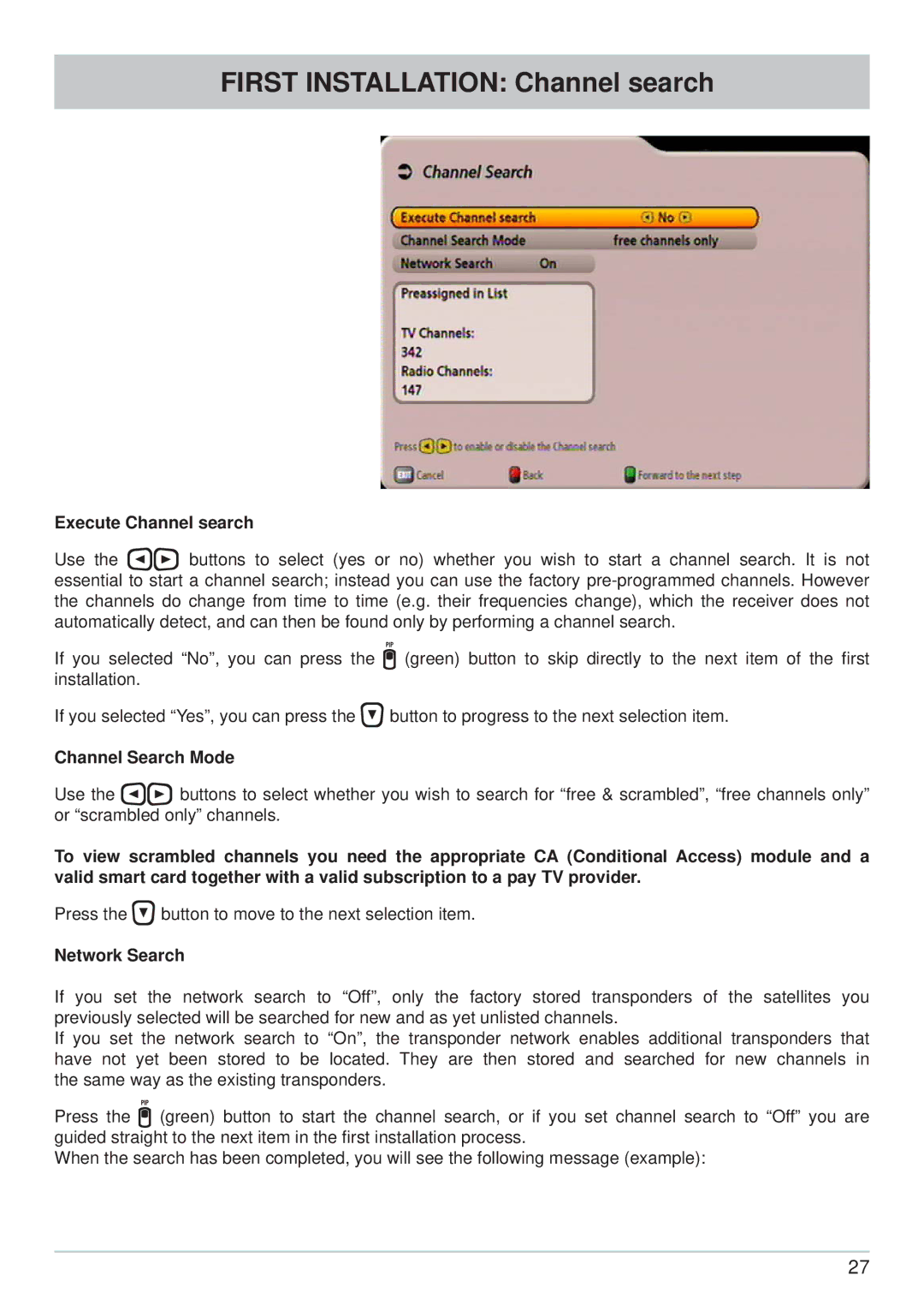 Kathrein UFS 902 manual Execute Channel search, Channel Search Mode, Network Search 