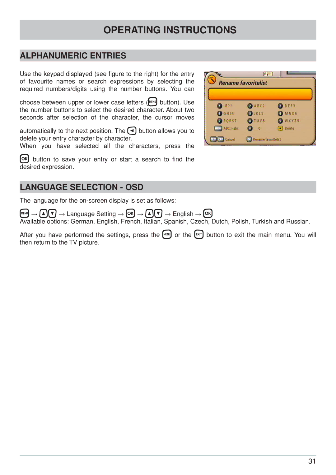 Kathrein UFS 902 manual Alphanumeric Entries, Language Selection OSD 