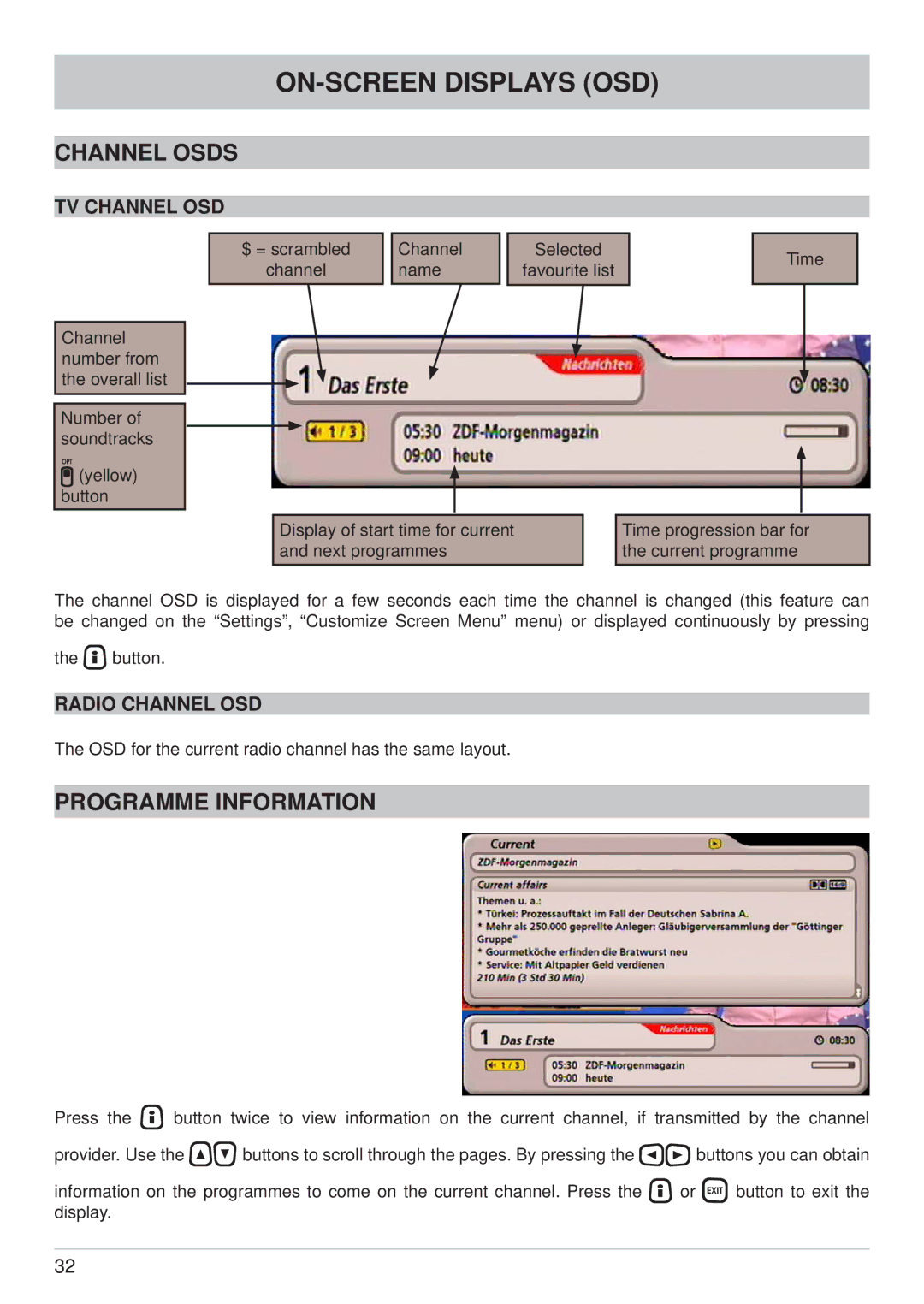 Kathrein UFS 902 manual ON-SCREEN Displays OSD, Channel Osds, Programme Information, TV Channel OSD, Radio Channel OSD 